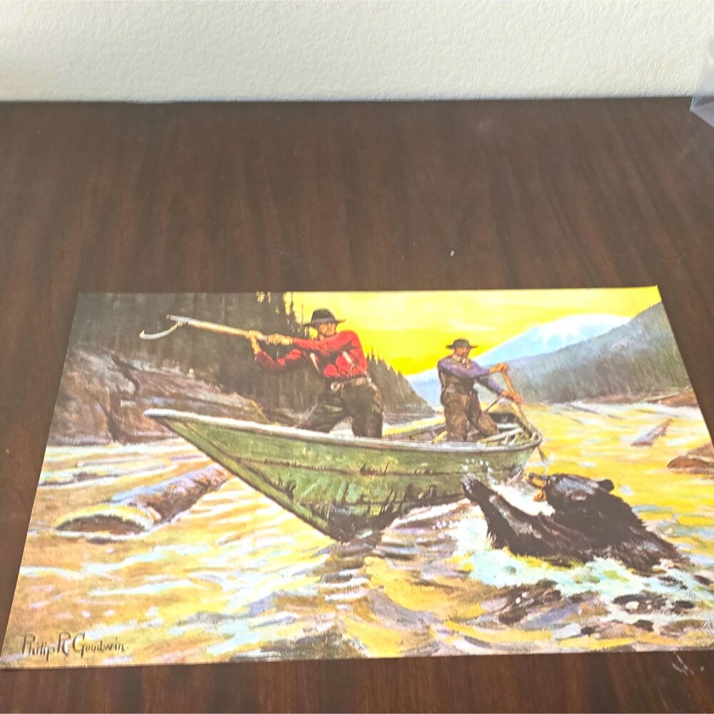 Philip R Goodwin Twos Company Bear Boat River Art Print Signed Cabin 22x16